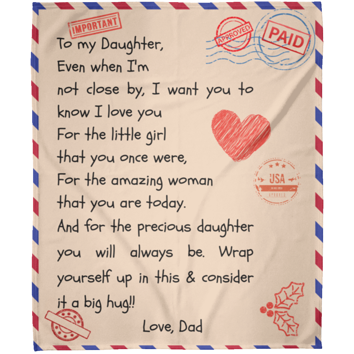 Letter To My Daughter Postcard Love Dad Fleece Blanket 50x60